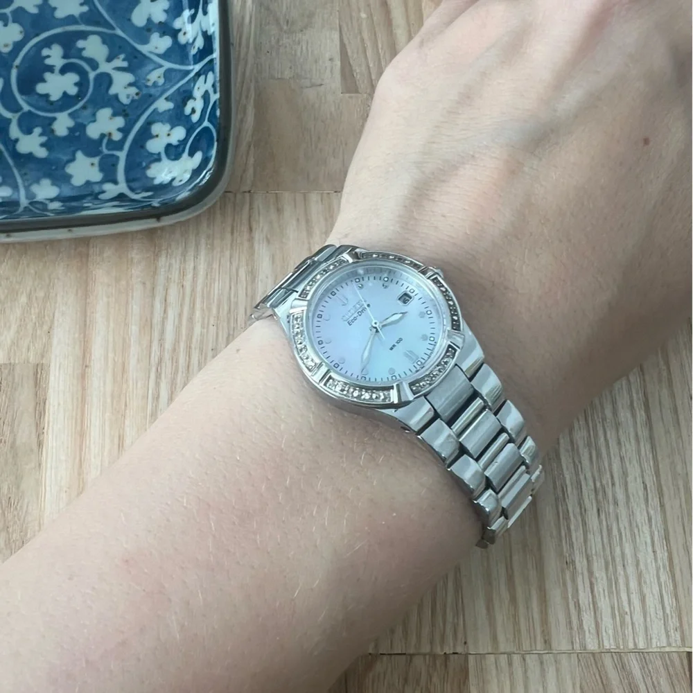 Citizen eco-drive ladies silver tone diamond solar dress watch